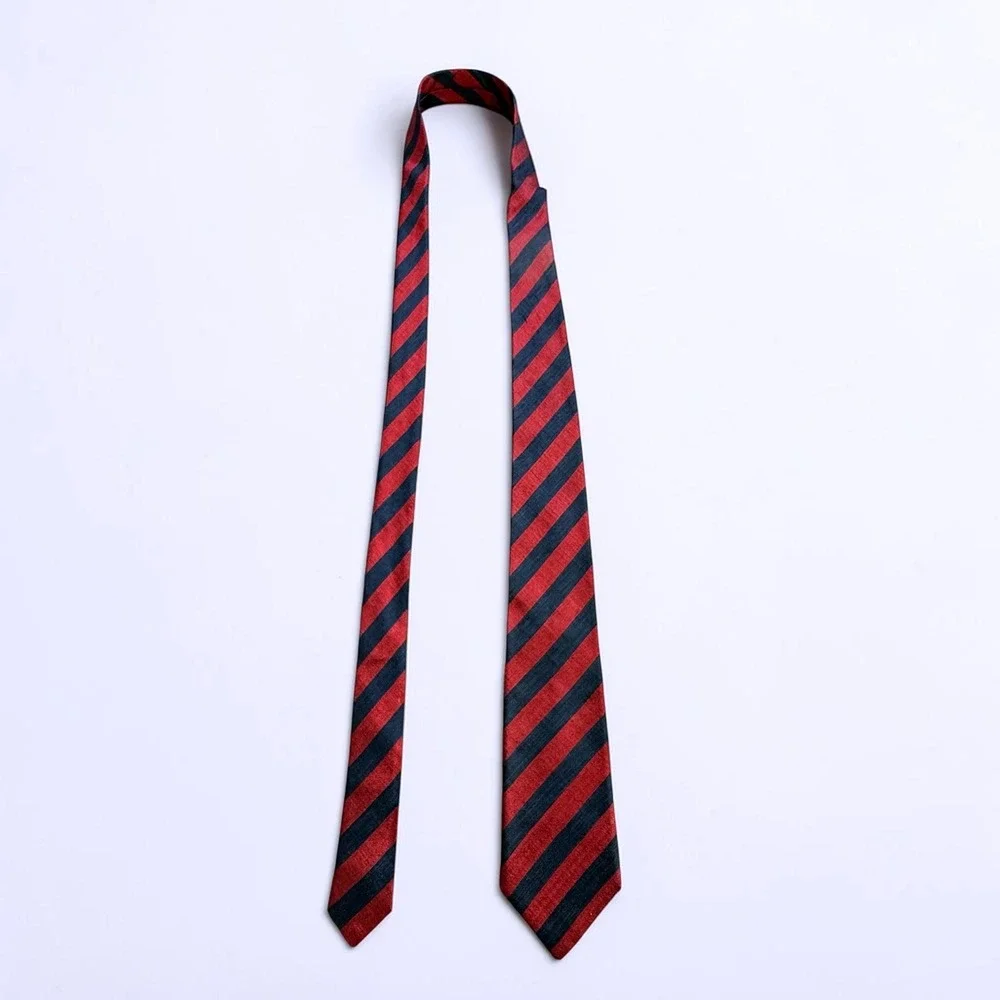 Hand Do Mens Silk Tie Red Navy Blue Diagonal Striped Hand Woven Made in Korea